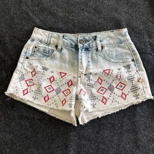 Hot Kiss Aztec Print Cici Jean Shorts Bleached Denim Distressed Stretch Womens 0